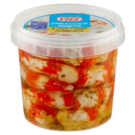 VICI Surimi w kształcie krewetek w oleju o smaku czosnkowym 320 g / 200 g