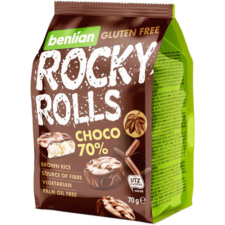 ROCKY ROLLS Wafle ryżowe w polewie czekoladowej 70% masy kakaowej 70 g