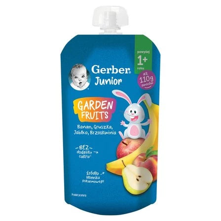 GERBER Junior Garden Fruits Deserek banan gruszka jabłko brzoskwinia powyżej 1+ roku 110 g